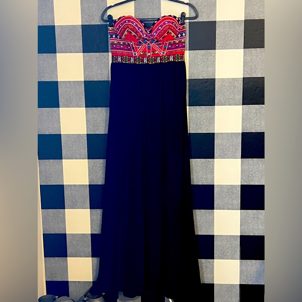 Soieblu Strapless Navy Maxi Dress with Embroidered Red & Pink Bodice